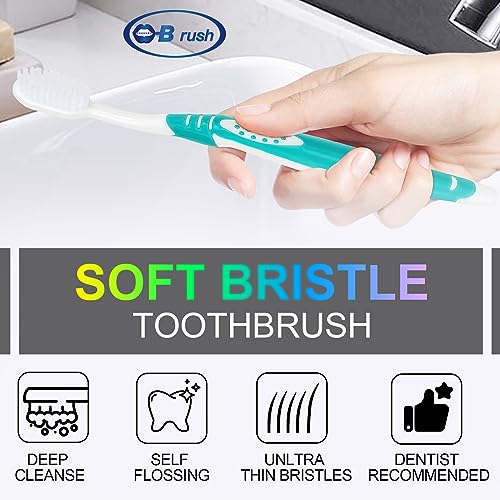 B Rush B Extra Soft Toothbrushes for Adults - Flossing Toothbrush for Sensitive Teeth and Receding Gums, Tapered Bristles Ultra Clean Plaque Remover Travel Toothbrush Individually Wrapped Pack of 4