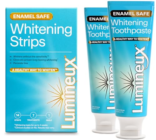 Lumineux Whitening Starter Set – Peroxide Free - Enamel Safe for Whiter Teeth – Includes 7 Whitening Treatments & 2 Pack Whitening Toothpaste, Fluoride Free & Dentist Formulated