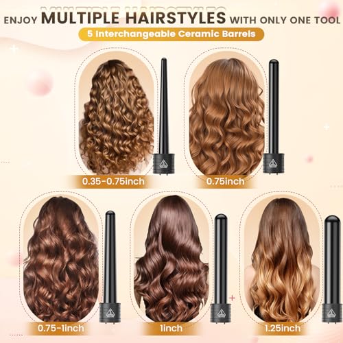 5 In 1 Curling Wand Set, Curling Iron Interchangeable Ceramic Barrels (0.35-1.25 Inch), Heating Hair Curler Kit with Protective Glove & 2 Clips Ceramic Coated for All Hair Types, Gift for Girls, Women