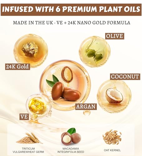 24K Gold Hair Oil Made in the UK – Repair & Shine Serum with Coconut, Argan & Olive Oils – Vegan Heat Protectant, Frizz Control for Dry, Damaged Hair (2.02 Fl Oz (Pack of 1))