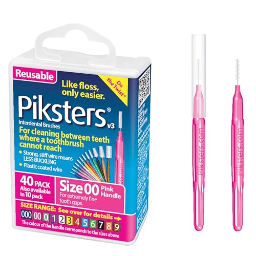 Piksters Interdental Brushes, 40 pk, Size 00, Interdental Tooth Brush for Extremely Tight Gaps, Gum Soft Bristles for Plaque Removal, Safe for Braces