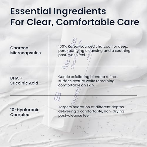 Pore Deeptox Cleansing Foam, Black Charcoal + BHA & Succinic Acid, One-Step Pore-Purifying Cleanser, 10-Weight Hyaluronic, 4.06 fl oz (120 mL) | Korean Face Wash for Oily & Sensitive Skin