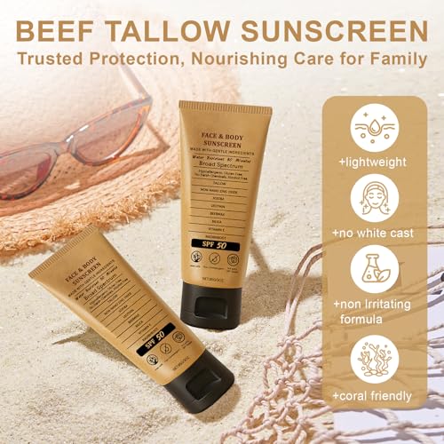 Beef Tallow Sunscreen, Natural Mineral Sunscreen for Face, SPF50 Sunblock Beef Tallow for Skin Non Greasy Clean, Anti White Cast, Moisturizing for Face and Body, Women and Men. - 3 fl.oz