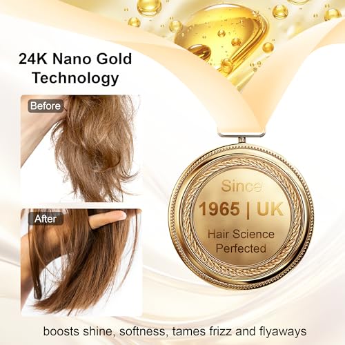 24K Gold Hair Oil Made in the UK – Repair & Shine Serum with Coconut, Argan & Olive Oils – Vegan Heat Protectant, Frizz Control for Dry, Damaged Hair (2.02 Fl Oz (Pack of 1))