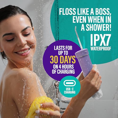 GuruNanda Compact Water Dental Flosser, Portable Travel Size Oral Irrigator Flosser with Collapsible 180 ml Tank, Smart Timer, 4 Flossing Modes, TSA-Friendly - Lavender