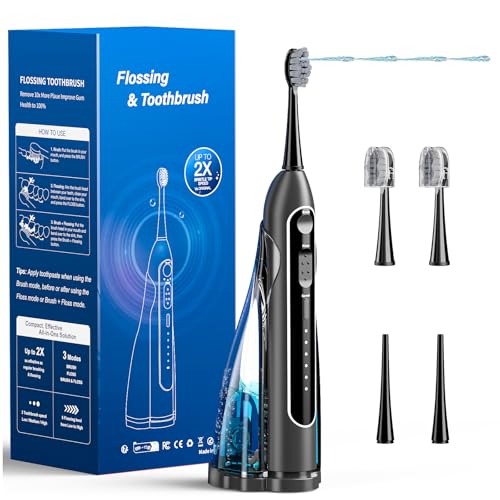 Electric Toothbrush with Water Flosser,Portable Flossing Toothbrush White 8 Mode,IPX8 Waterproof,Equipped Brush Head and Nozzle,for Travel and Home-Black
