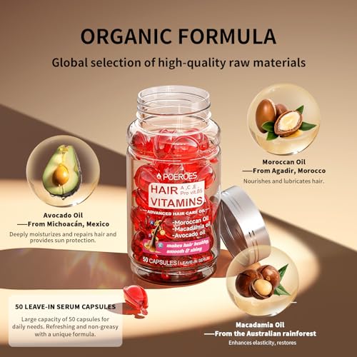 Hair Oil 50 Capsules - Hair Vitamins A C E Pro B5 - Hair Treatment Serum - Hair Serum for Frizzy and Damaged Hair - Argan & Avocado Oil - Leave in Conditioner for Women & Men