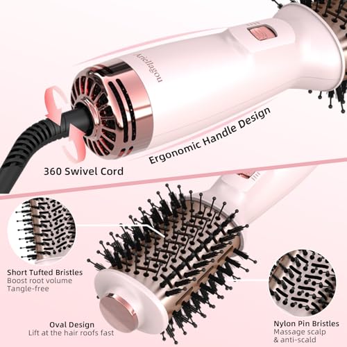 Dual Voltage Travel Hair Dryer Brush Mini Hot Air Brush with European Plug One Step Blow Dryer and Styler Volumizer for Home and Salon Use