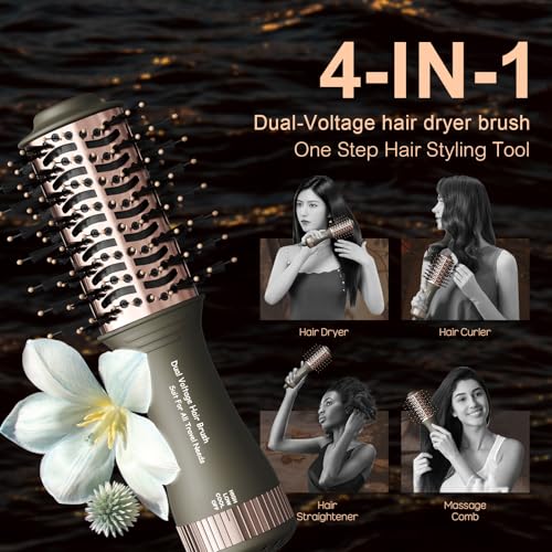 Travel Dual Voltage Blow Hair Dryer Brush 4-IN-1 Portable Mini Hot Air Dryer Straightener & Curler Brush, Titanium Round Blowout Styler Volumizer Tools, 110/240V US/EU/UK Plug for International Travel