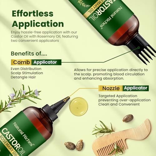 Natural Riches Castor Oil with Rosemary Oil, 8 fl oz, For Stronger, Fuller and Thicker Hair Growth - Organic Castor Oil with Rosemary Oil Premium Grade hair treatment