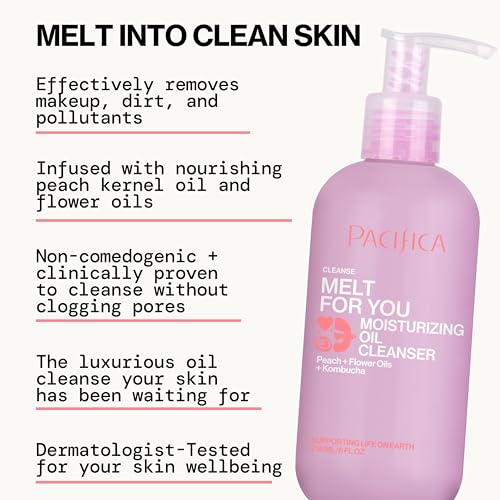Pacifica Melt For You Facial Cleansing Oil – Hydrating Daily Face Wash & Makeup Remover Oil Cleanser for All Skin Types, Gentle Non-Comedogenic, Vegan, Clean Beauty, Dermatologist Tested 8 fl oz