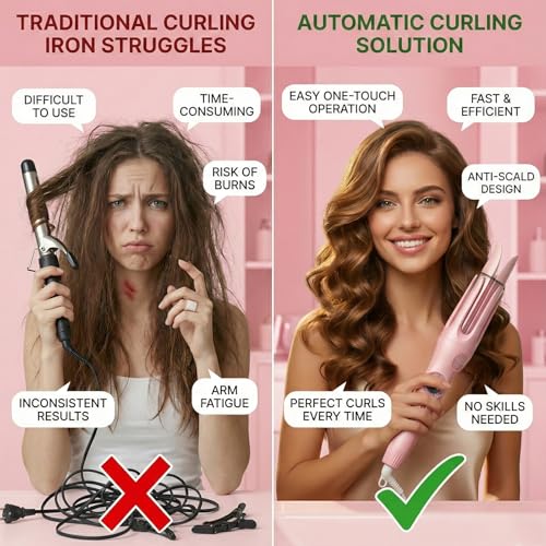 Hair Curler Automatic Rotating with Hair Curler & Straightener -3-In-1Tenazas para Ondas De Cabello -Curling Iron Automatic Hair Curler with Cold Air Styling,3 Temp,Negative Ions, Ceramic Coated