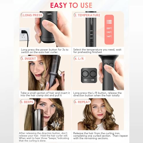 Automatic Rotating Curling Iron, Hair Curler with 3 Temps Fast Heating, 2-Way Rotating 1 Inch Curling Wand, Ceramic Coating, Ionic, Anti-Scald, Anti-Tangle, Dual Voltage Auto Shut-Off (Gray)