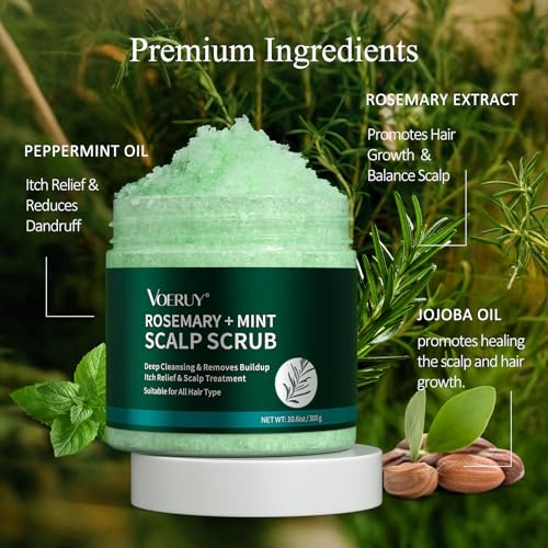 VOERUY Scalp Scrub, Rosemary Scalp Exfoliator Scrub Shampoo, 2-in-1 Scalp Treatment with Mint Oil, Hair Treatment to Clarify and Remove Build Up with Silicone Scalp Massager, 10.6oz/300g