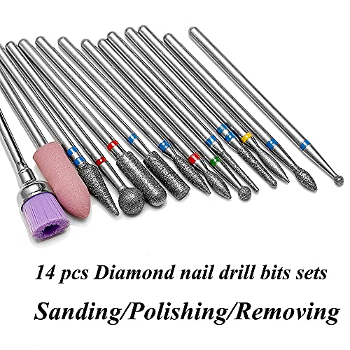 14pcs Nail Drill Bits Set, Professional Rotary Burrs Diamond Cuticle Remover Bits Kit, 3/32" Electric Manicure Nail File Bit for Acrylic Gel Nails Cuticle Manicure