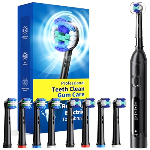 TEETHEORY Rotating Electric Toothbrush for Adults with 8 Brush Heads (2 Types), 4 Modes Deep Clean Electric Toothbrush with Rechargeable Power and 2 Min Smart Timer (1- Black, p1)