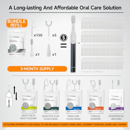 Dr. Emma Electric Vibration Flosser with Replaceable Floss Picks and Toothbrush, Power Flosser for Adults, Dental Flosser Kit for Teeth Cleaning, Water Flosser Alternative, Midnight