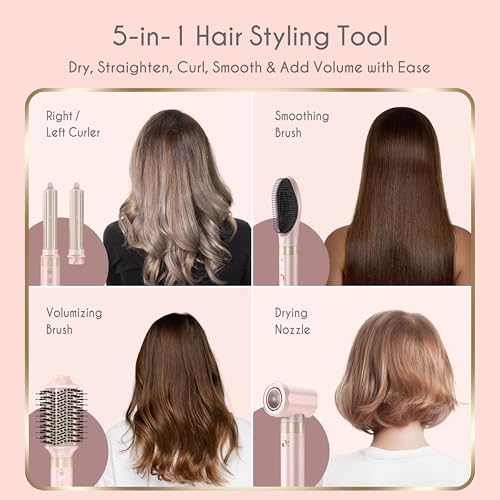 5 in 1 Ionic Hot Air Styler, 1400W Powerful Hair Dryer Brush, Auto-Wrap Curlers, Paddle Brush for Fast Drying, Volumizing with Travel & Storage Bag