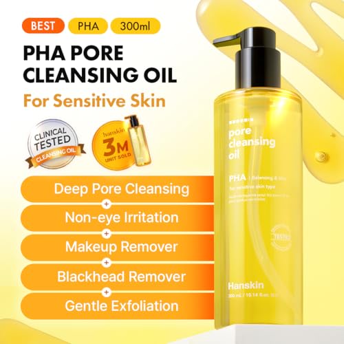 Hanskin Pore Cleansing Oil, Oil Cleanser for Face, Makeup Blackhead Sebum Remover, Korean Deep Pore Cleanser for Sensitive Skin [PHA] (10.14 oz)