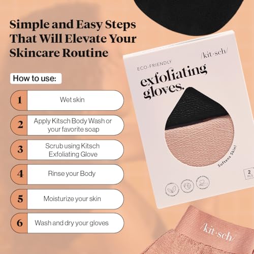 Kitsch Exfoliating Gloves 2pc – Korean Exfoliating Mitt & Deep Exfoliating Body Scrubber for Shower, Bath | Body Exfoliator, Dead Skin Remover | Skin Care for Smooth, Renewed Skin - Black & Terracotta