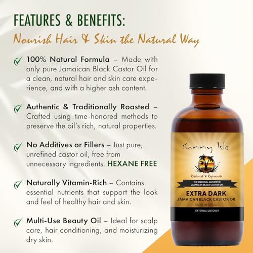 Sunny Isle Extra Dark Jamaican Black Castor Oil, 4 Fl. Oz. | 100% Natural High Potency Treatment for Hair, Scalp and Skin