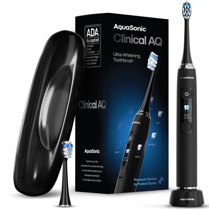 Aquasonic Clinical AQ Ultra-Whitening Smart Toothbrush with Pressure Sensor, LCD Screen & Battery Level Indicator - 2 Brush Heads & Hard Sell Travel Case