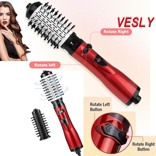 3 in 1 Hot Air Styler and Rotating Hair Dryer Hair Dryer and Blow Dryer Brush in One 2 Interchangeable Brushes for Dry and Wet Hair, Auto Rotating Curling Hot Hair Brush (Red)