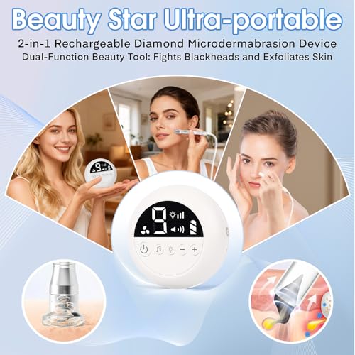 Pro Cordless Microdermabrasion Machine, Beauty Star Portable Facial Pore Vacuum Tool for Blackhead Removal, Glowing Skin, 3 Diamond Tips & 9-Setting Suction, Home and Salon Use