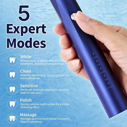 Sonic Electric Toothbrush for Adults, 5 Modes (Whitening/Clean/Sensitive/Polish/Massage), IPX7 Waterproof, 30-Day Battery Life, Includes 6 Brush Heads (Blue)