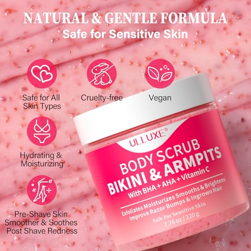 Bikini Area Exfoliator with 10% AHAs BHA & Vitamin C, Exfoliating Body Scrub for Ingrown Hair and Underarm Bumps, Dark Spots, Moisturize Brighten Soothe & Even Skin Tone, Sensitive Skin Safe, 7.76 oz