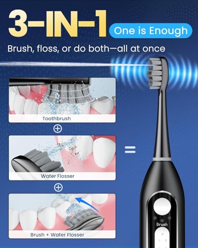 Electric Toothbrush with Water Flosser 3 in 1 Combo, Advanced 2.0 Flossing Toothbrush, Cordless Teeth Cleaning, 3 Modes&5 Speeds, Rechargeable Oral Dental Irrigator Kit for Adults, 5 Replacement Heads