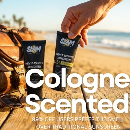 SLAM Men's Sunscreen Lotion SPF 50 & Moisturizer – Face & Body Sunblock, Anti-Aging, Water-Resistant, Hawaii Act 104 Safe, Skincare for Men, Scented & Unscented – 3 fl oz. each- Trio pack.