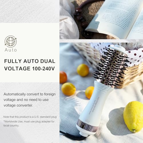4-in-1 Travel Dual Voltage Hair Dryer Brush Blow Dryer Brush,Portable 2 inch Mini Hot Air Brush,Travel Hair Styler/Volumizer/Straightener/Curler,110-240V European Blow Dry Brush with EU&UK Plug