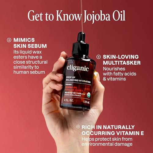 Cliganic Organic Jojoba Oil, 100% Pure (4oz) | Moisturizing for Face, Hair, Skin & Nails | Natural Cold Pressed Hexane Free | Base Carrier Oil