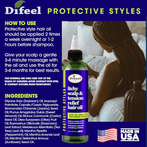 Difeel Itchy Scalp & Tension Relief Hair Oil with Tea Tree & Peppermint Oils for Braided Styles 8 oz.