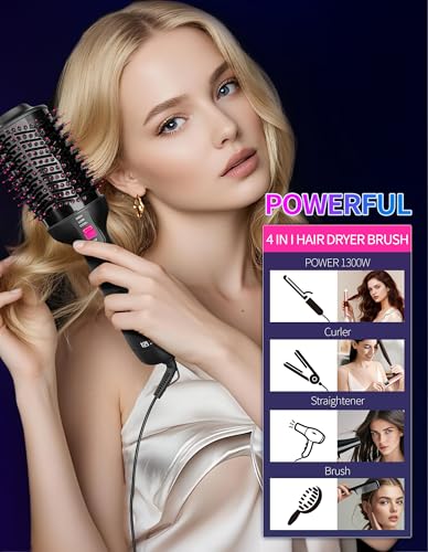 1300W Hair Dryer Brush,4 in 1 Blow Dryer Brush Anti-frizz Ceramic Titanium Barrel with ALCI Safety Plug Professional Salon Hot Air Brush for All Hair Types (Black)