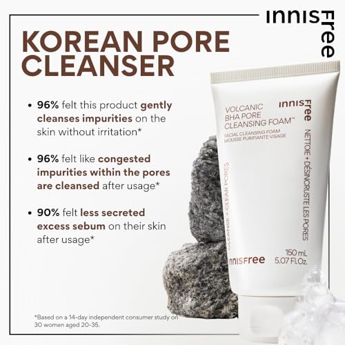 innisfree Volcanic BHA Pore Cleansing Foam, Korean Face Wash with Salicylic Acid, Oil Control, Deep Clean, Pore Care, Sulfate-Free Formula