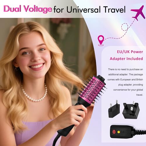 Dual Voltage Travel Hair Dryer Brush (100V-240V), Automatic Hot Air Brush with EU&UK Plug, 2 Inch Oval Barrel One Step Blow Dryer Brush and Negative Ion Anti-frizz Styling Brush