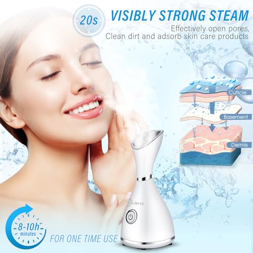 Nano Ionic Face Steamer - Warm Mist Humidifier for Deep Facial Cleansing - 4 Piece Stainless Steel Skin Kit, Hair Band, Wash Face Sponge