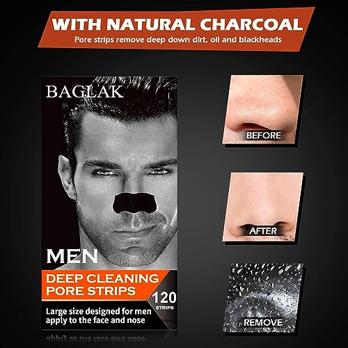 Men Blackhead Pore Strips - 120 Strips - Deep Cleansing - Face Nose Pores - Blackheads Removal - Large Size For Nose+Face