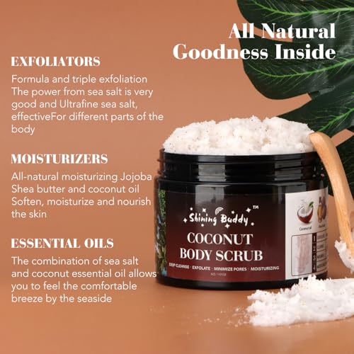 Coconut Body Scrub Exfoliator with Natural Ingredients Exfoliating Body Scrub for Women，Pure Oils and Dead Sea Salt Minerals，Moisturizing and Nourishing Skin(16.9oz)