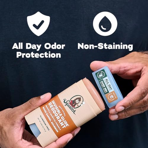 Dr. Squatch Invisible Glide Natural Men’s Deodorant – Smooth Glide, No Stains – Aluminum Free Deodorant Men – Safe for Sensitive Skin – Wood Barrel Bourbon + Rainforest Rapids, 2.65oz (2-Pack)