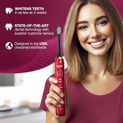 Wagner Stern The Ruby Red Edition ultrasonic whitening Electric Toothbrush Features Five Brushing Modes, Eight Soft Brush Heads, and a Premium Travel case.