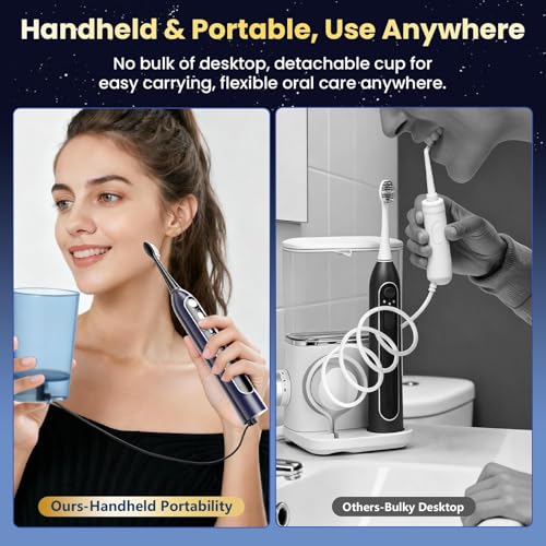 Electric Toothbrush with Water Flosser Combo, All in One Sonic Toothbrush with 3 Modes & 5 Flossing Speeds, Rechargeable & Portable for Adult Teeth Cleaning and Plaque Removal, Dark Blue
