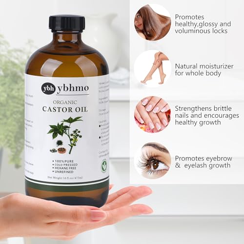 Cold Pressed Castor Oil Organic Glass Bottle(16 Fl Oz),100% Pure ，Hexane Free for Hair Growth & Care, Castor oil pack & Moisturize Body Skin