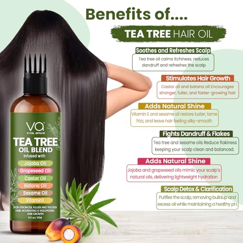 VITAL AFFAIR Tea Tree Oil For Hair With Jojoba, Castor, Batana Oil - Tea Tree Hair And Scalp Treatment - Hair Oil For Dandruff - Helps Strengthen, Volumize & Promotes Hair Growth - 6 Fl Oz