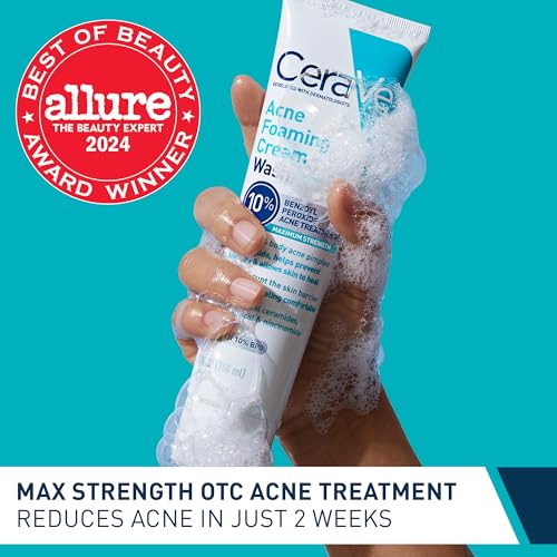 CeraVe Acne Foaming Cream Wash, Gentle Face and Body Cleanser with Benzoyl Peroxide 10%, Hyaluronic Acid, and Niacinamide, 10% Benzoyl Peroxide Treatment Clears Pimples and Blackheads 5 Oz
