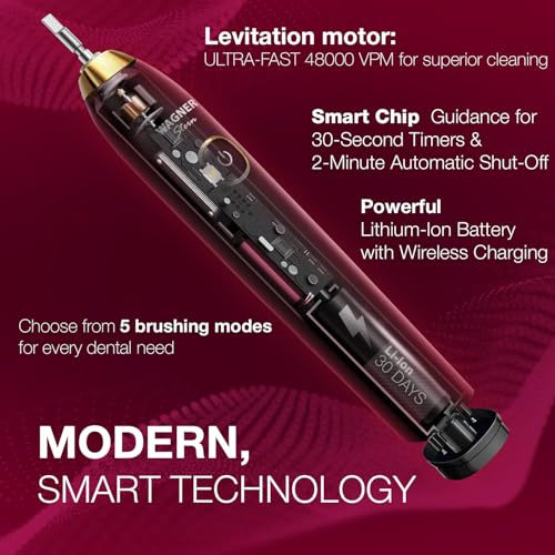 Wagner Stern The Ruby Red Edition ultrasonic whitening Electric Toothbrush Features Five Brushing Modes, Eight Soft Brush Heads, and a Premium Travel case.