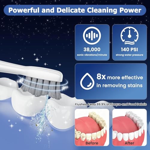 Electric Toothbrush with Water Flosser, Upgrade Flossing Toothbrush Combo with 3 Brush, 5 Floss Speeds& 3 Brush Modes, 500mL Tank, 30-Day Battery, for Adults & Teens, Gums, Braces-White