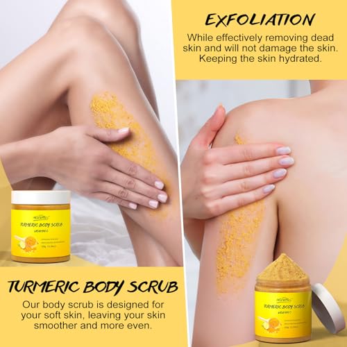 POP MODERN.C Turmeric and Vitamin C Body Scrub Remove Dead Skin Improve Dark Spots Acne Natural Organic Exfoliating Deep Cleansing Exfoliator for Body Butt Bikini Area Body Care with Loofah